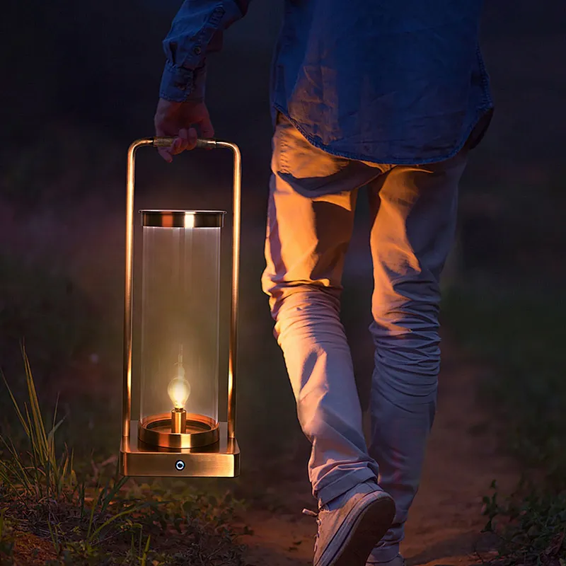 Medieval style antique brass brushed knurled handle rechargeable copper hand lantern